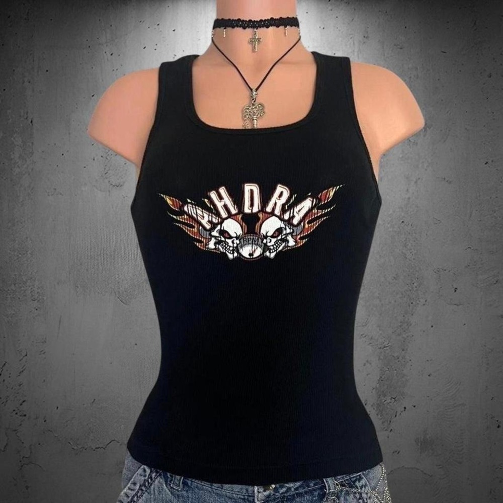 Y2K AHDRA Black Ribbed Skull Flame Graphic Stretchy Sleeveless Tank Top Small